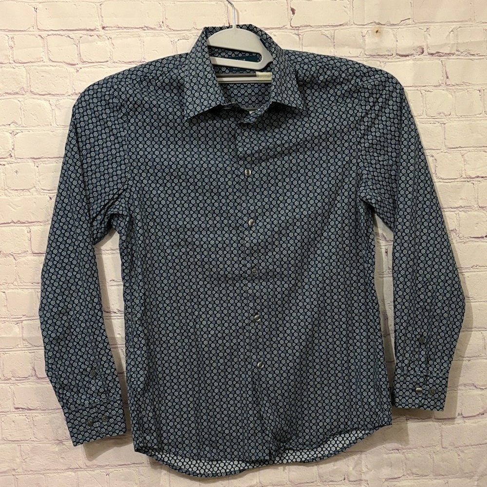 PERRY ELLIS Elegant Navy Patterned Men's Shirt Sz: Small